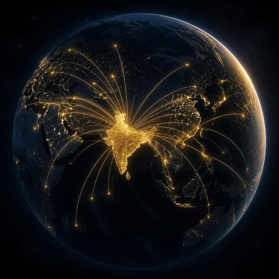 Illuminated globe showing shipping routes from India to the world